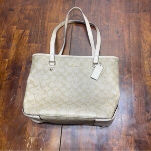 Coach F58294 Zip Top Tote In Signature Canvas Logo Khaki Chalk MSRP $295 EUC
